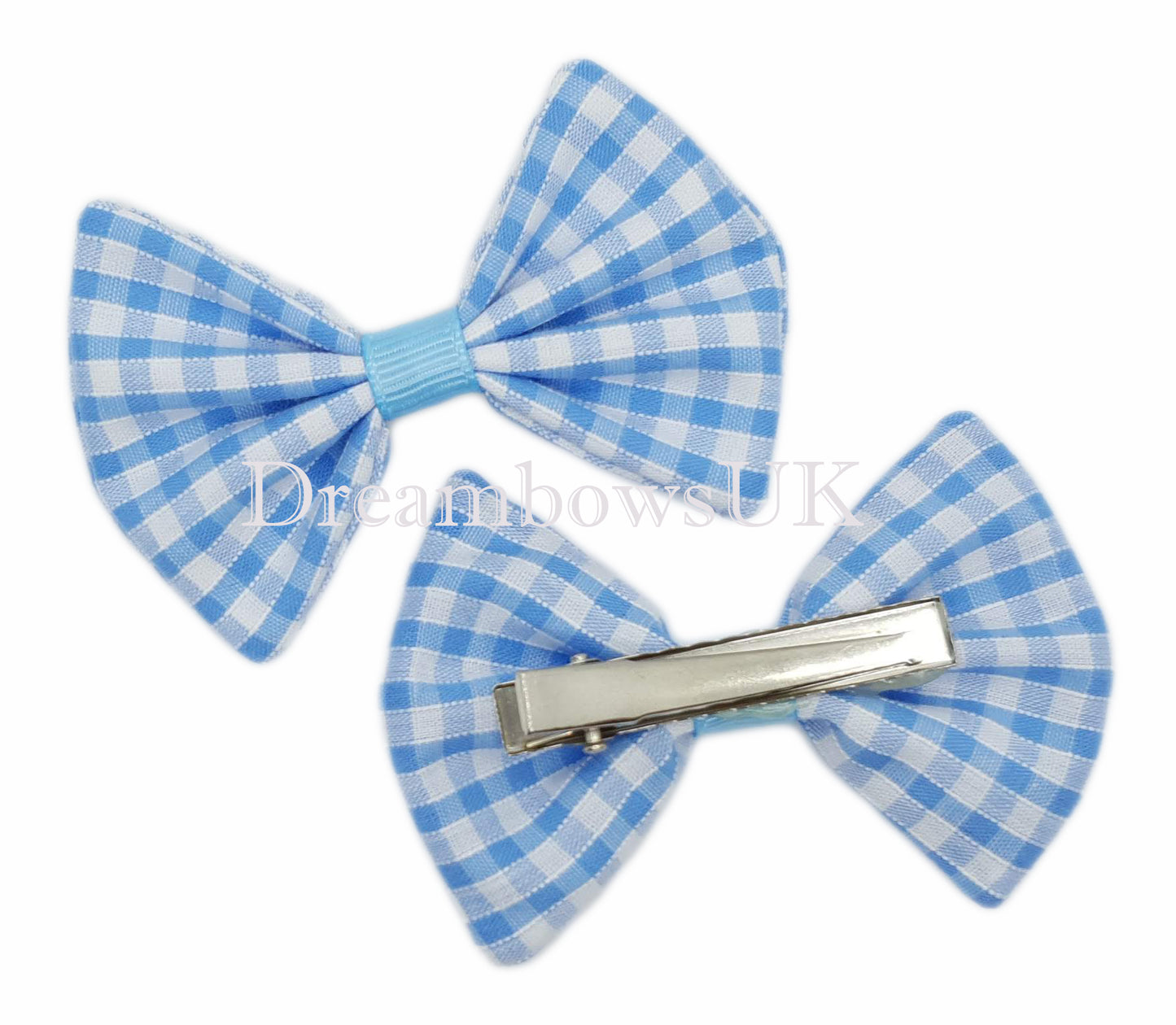 baby blue gingham fabric hair bows on alligator clips