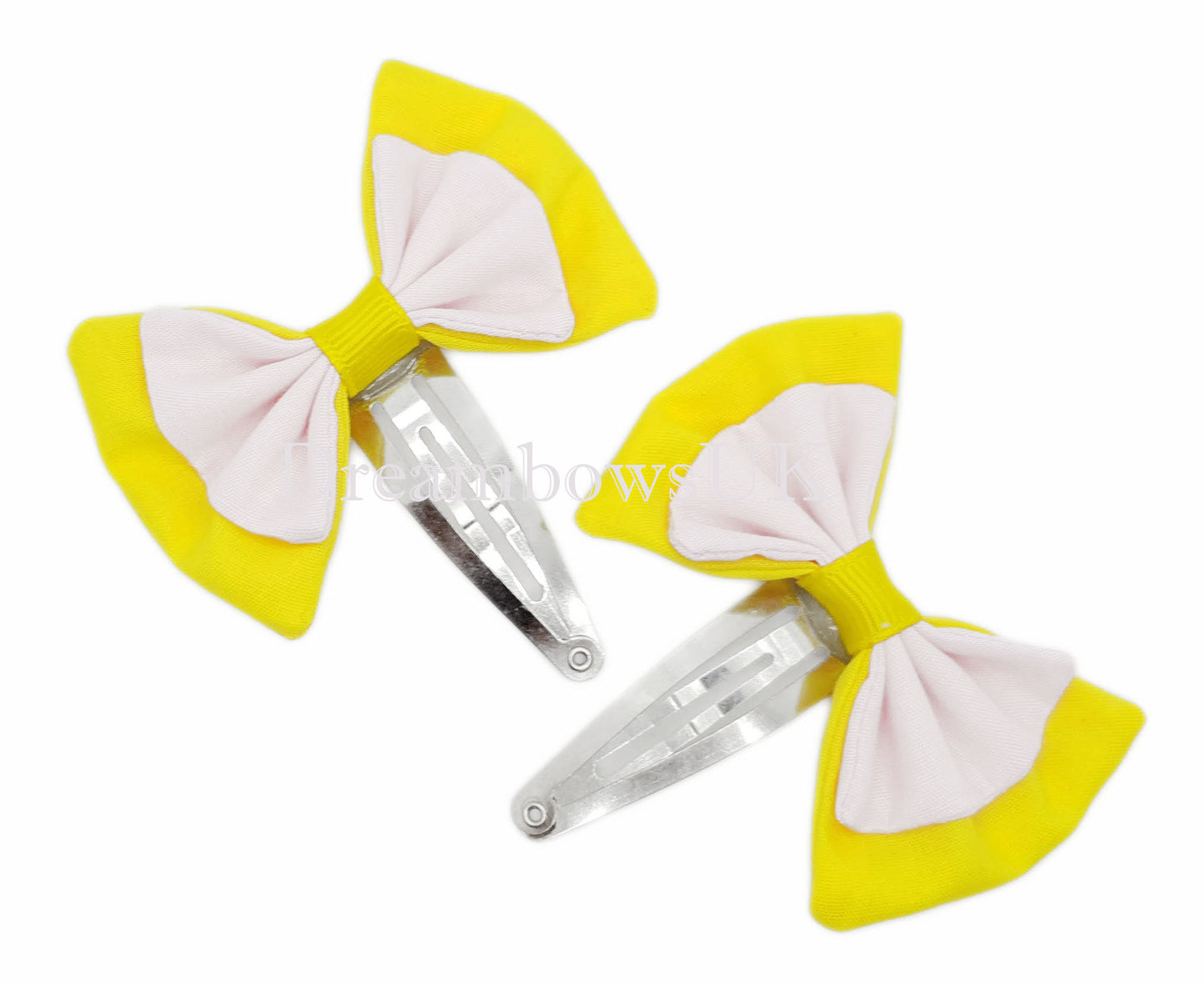 2x Yellow and white fabric hair bows