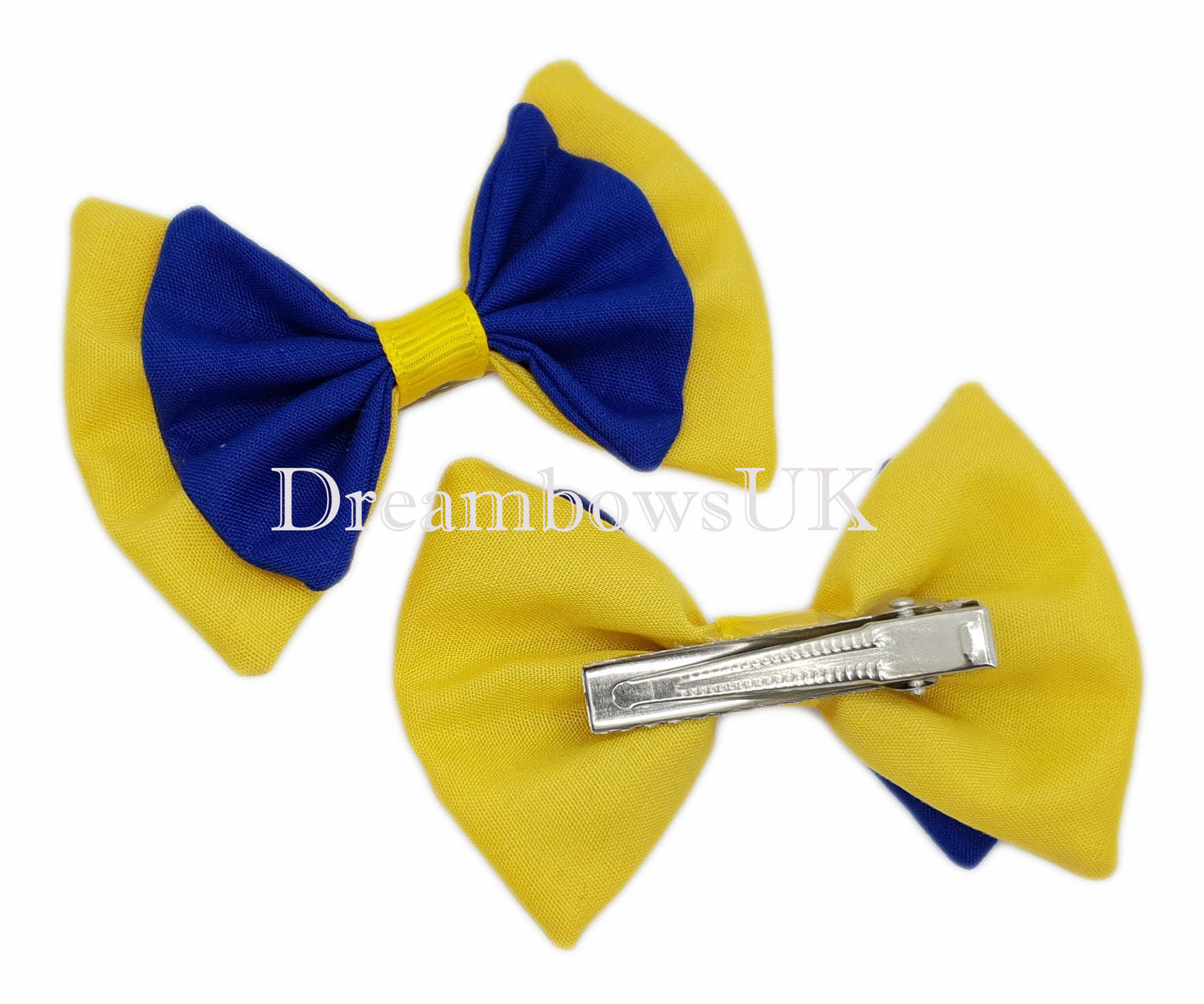 2x Royal blue and golden yellow fabric hair bows