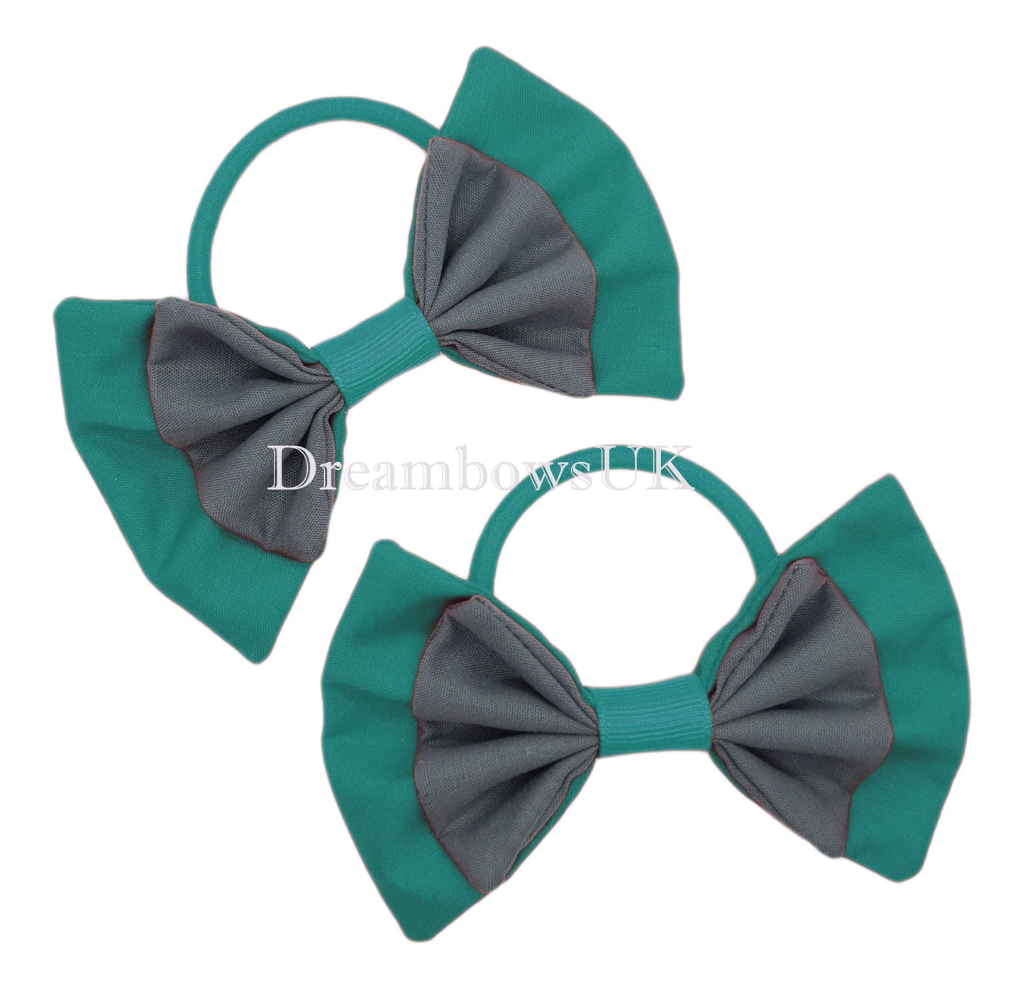 2x Grey and jade green fabric hair bows