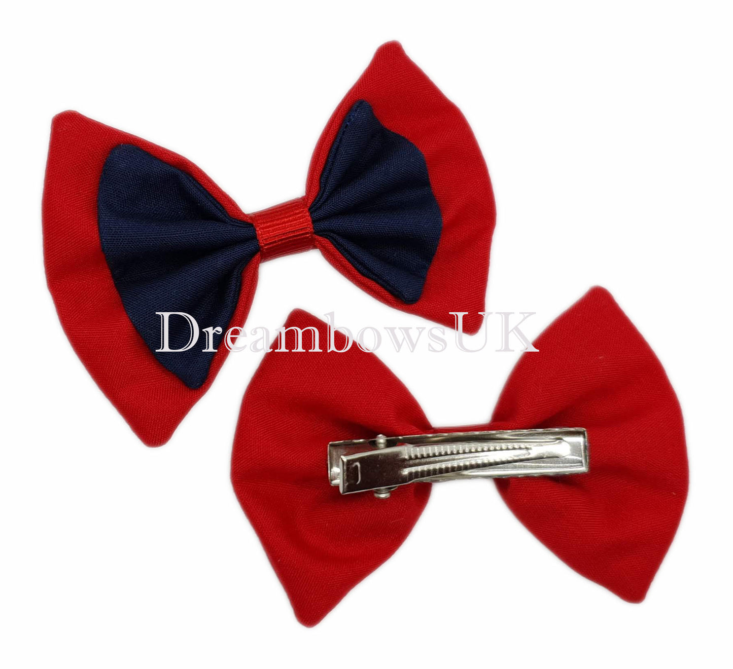 2x Navy blue and red fabric hair bows