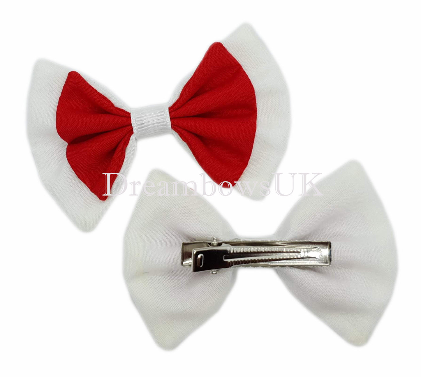 2x Red and white fabric hair bows