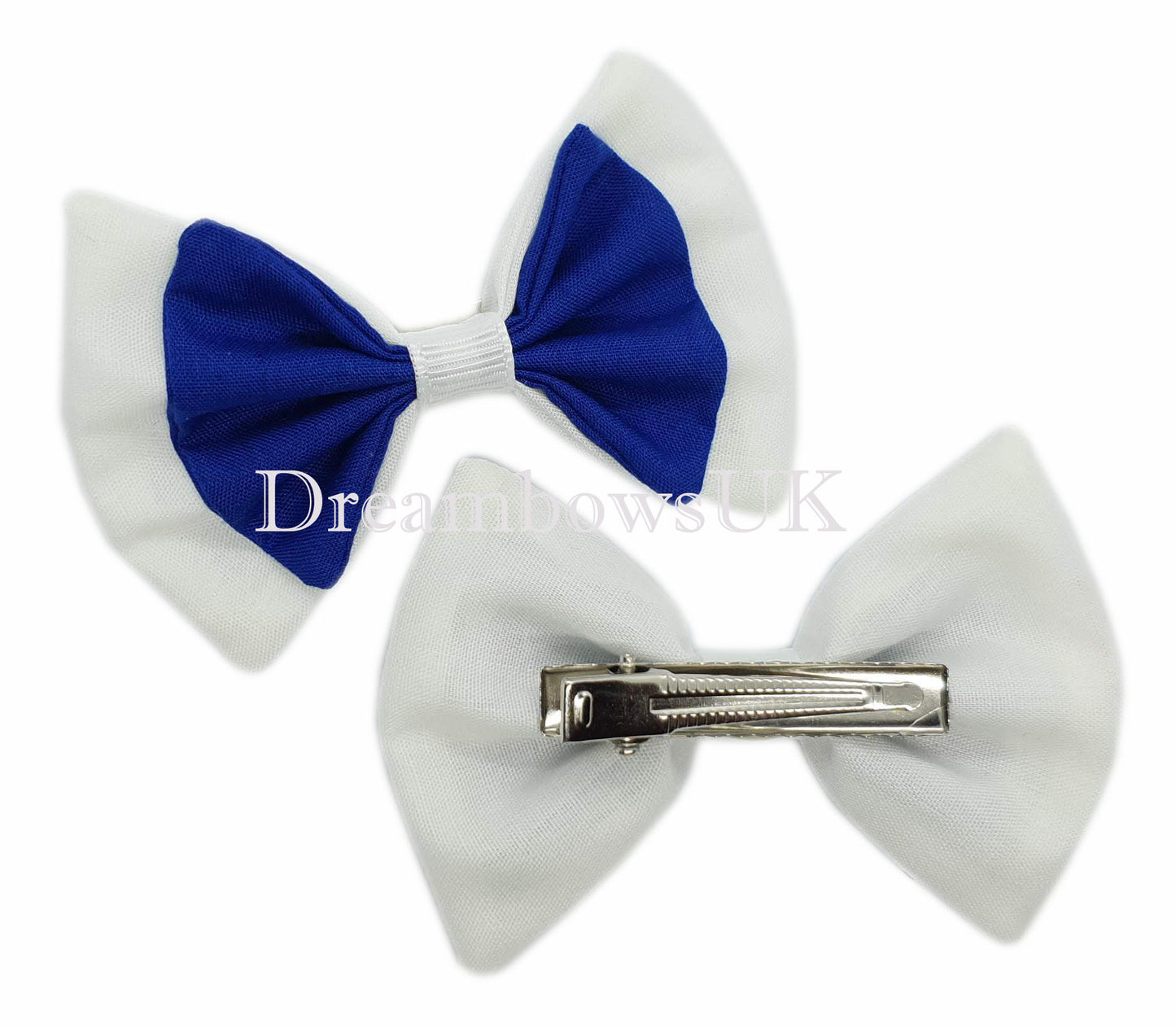 2x Royal blue and white fabric hair bows