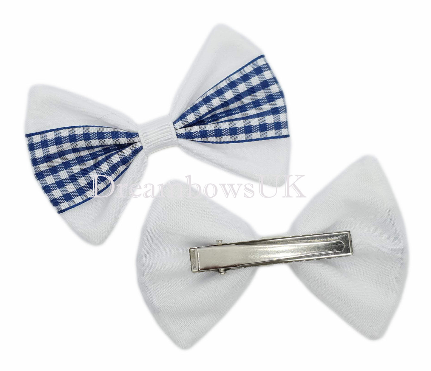 Navy blue and white gingham hair bows on crocodile clips