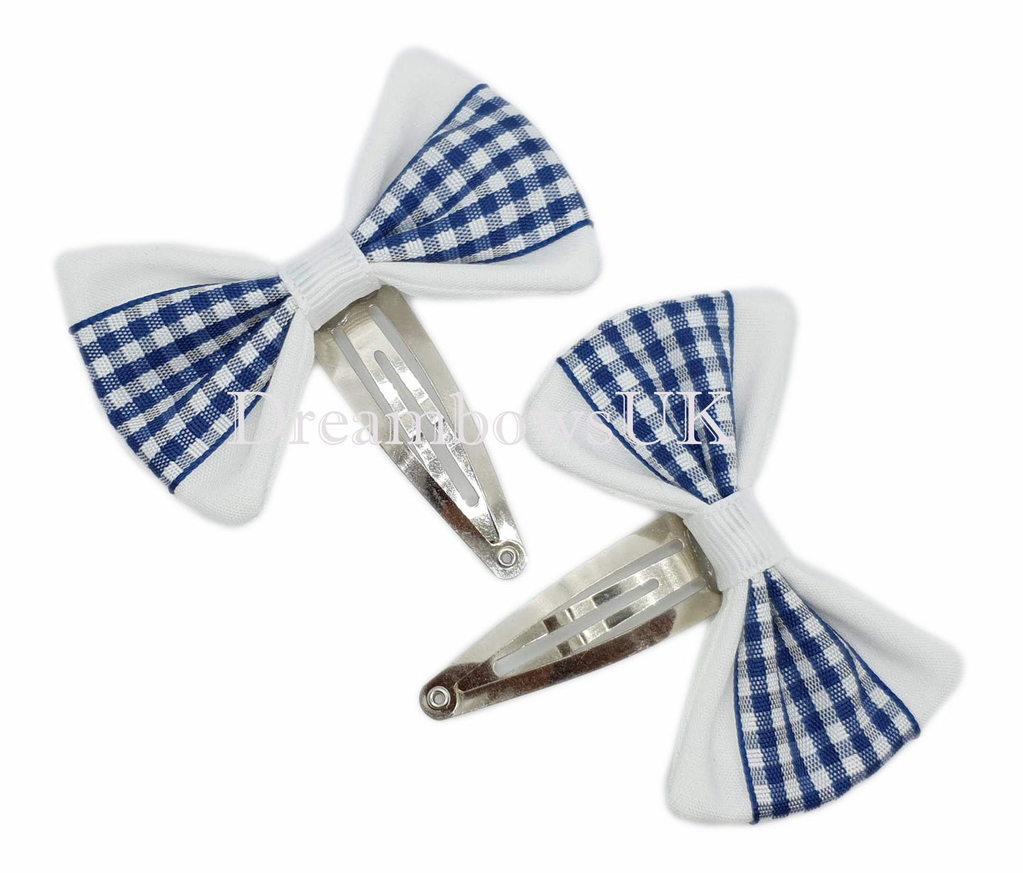 Navy blue and white gingham hair bows on snap clips