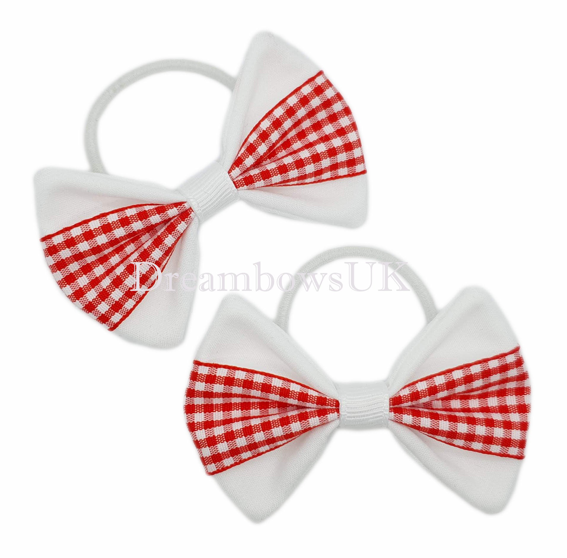 2x Red gingham hair bows on thick hair ties