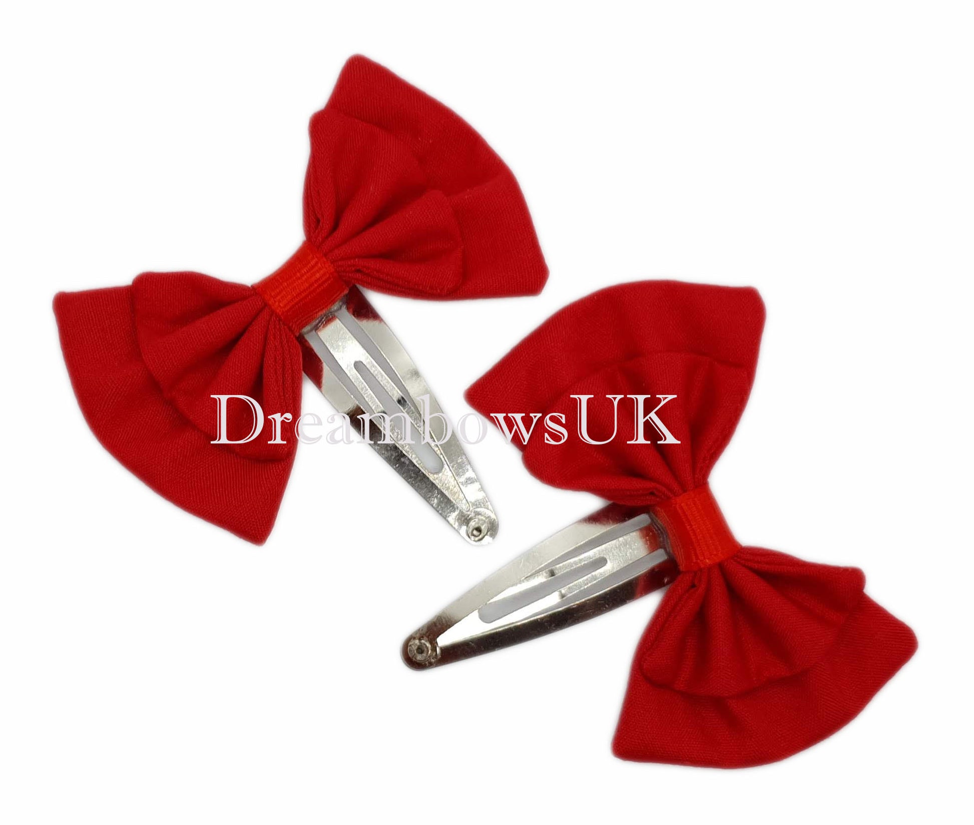 Girls red fabric school bows on snap clips