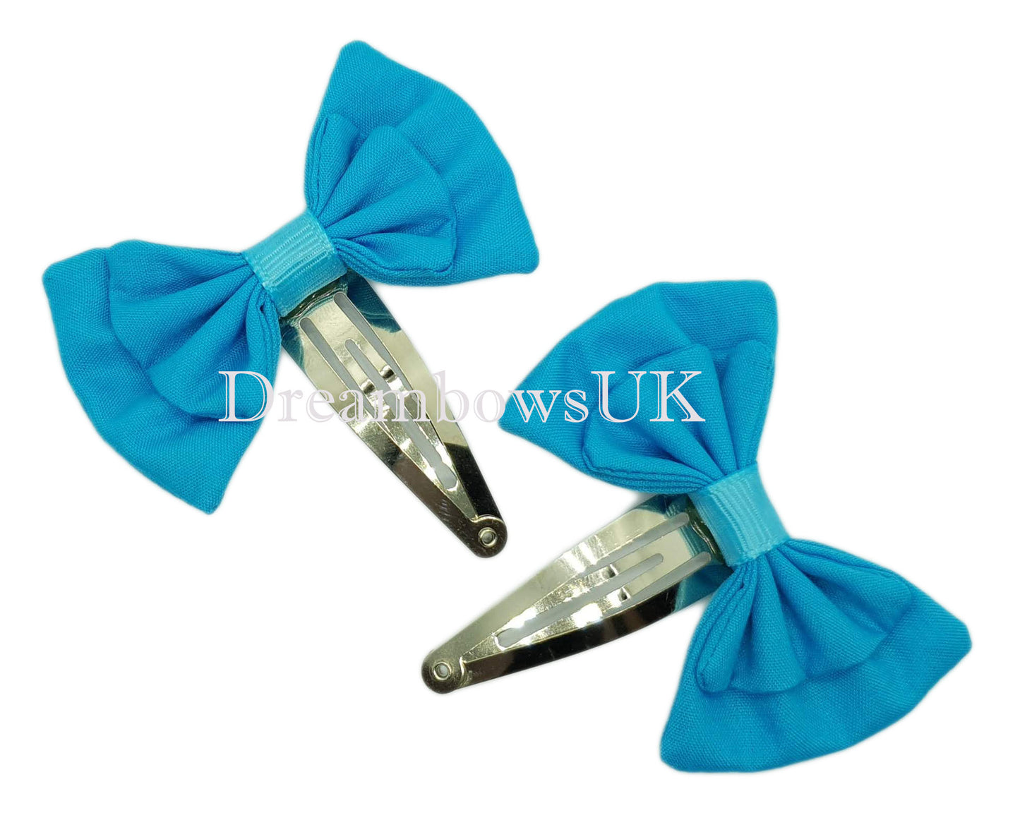 Girls turquoise fabric hair bows on snap clips