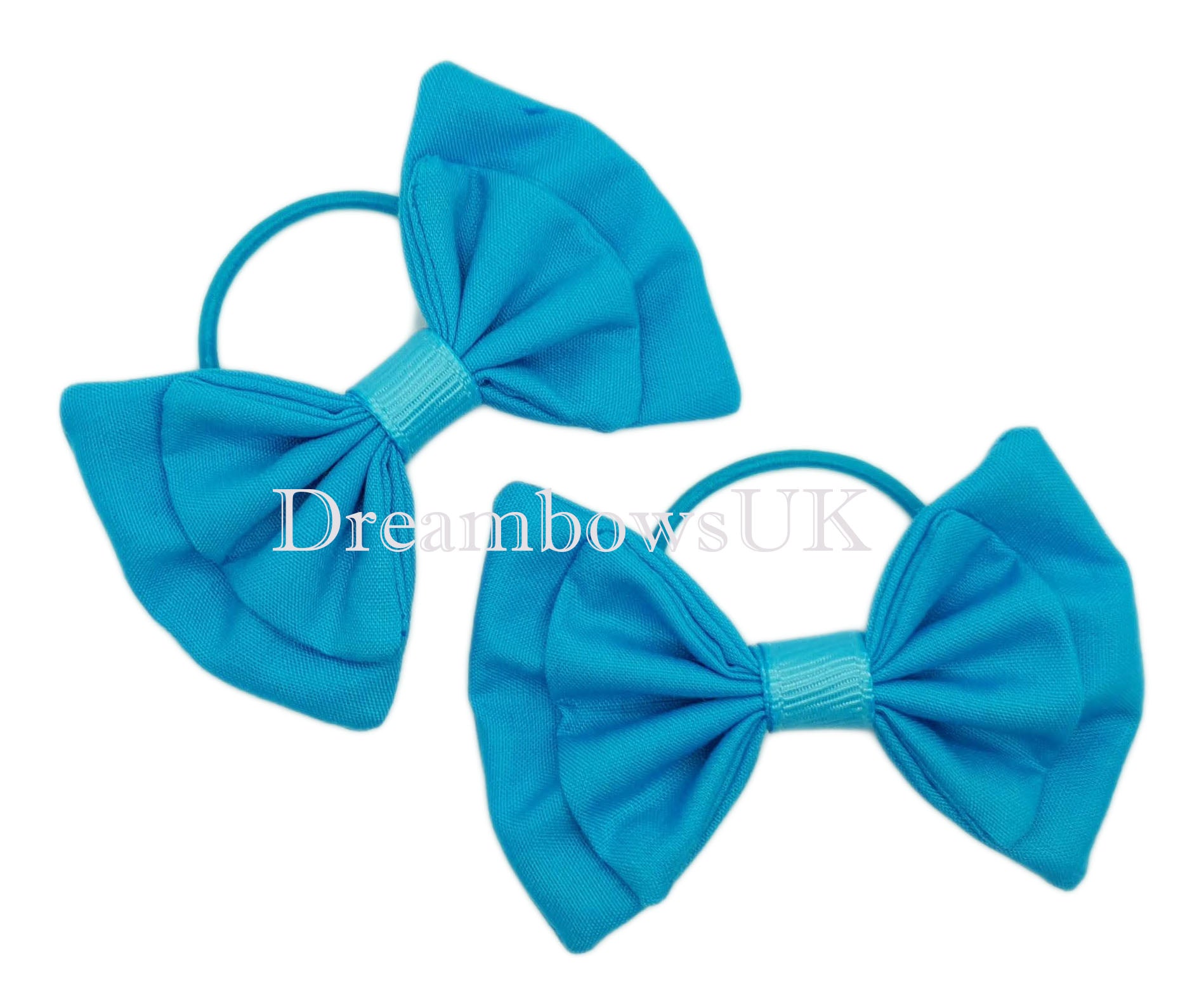 Girls turquoise fabric hair bows on thin bobbles