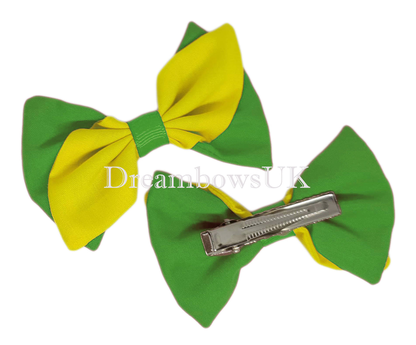 2x Emerald green and yellow fabric hair bows