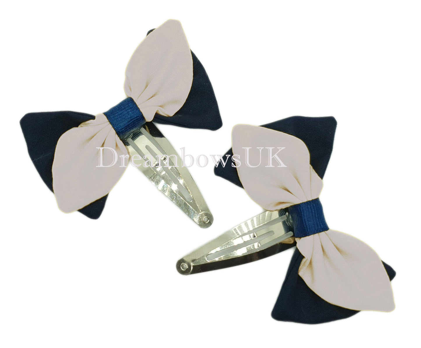 2x Navy blue and white fabric hair bows