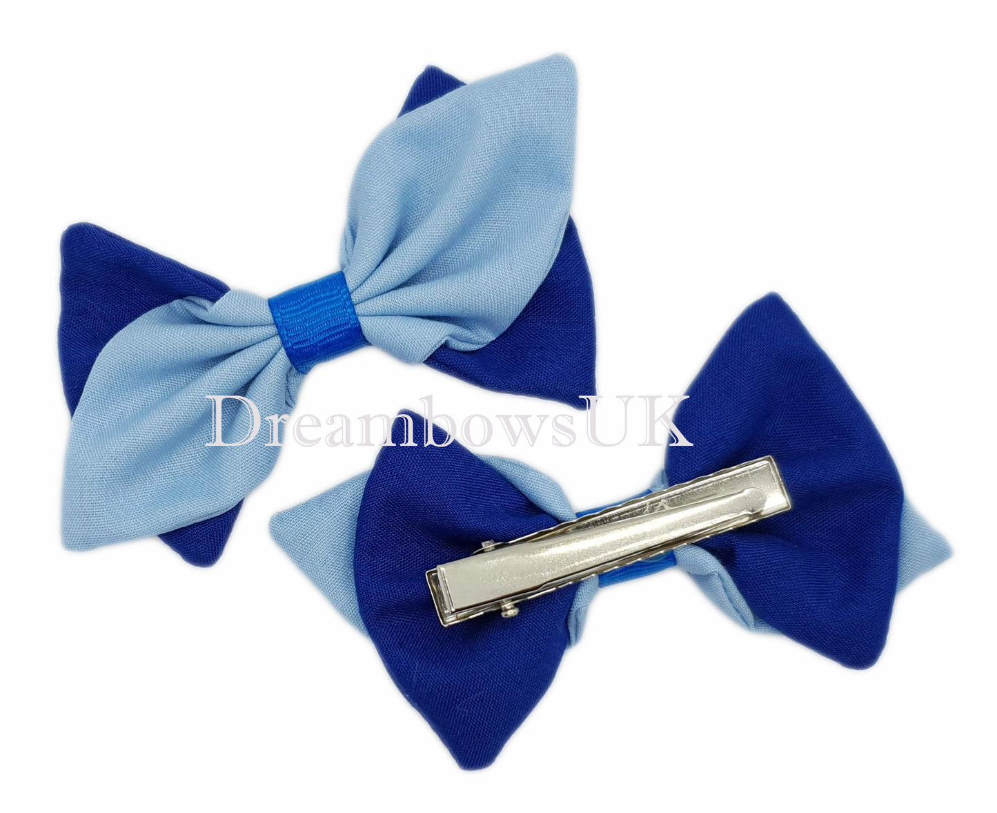 2x Royal blue and baby blue fabric hair bows