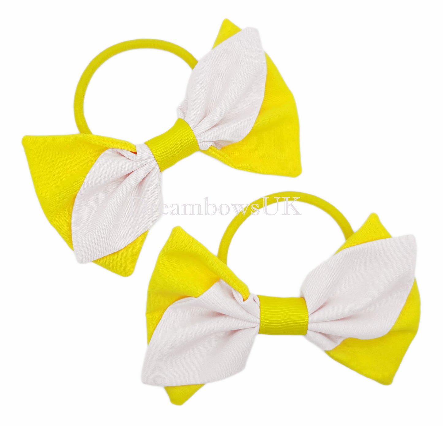 2x Yellow and white fabric hair bows