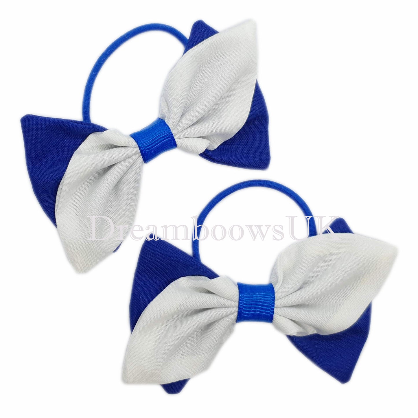 2x Royal blue and white fabric hair bows