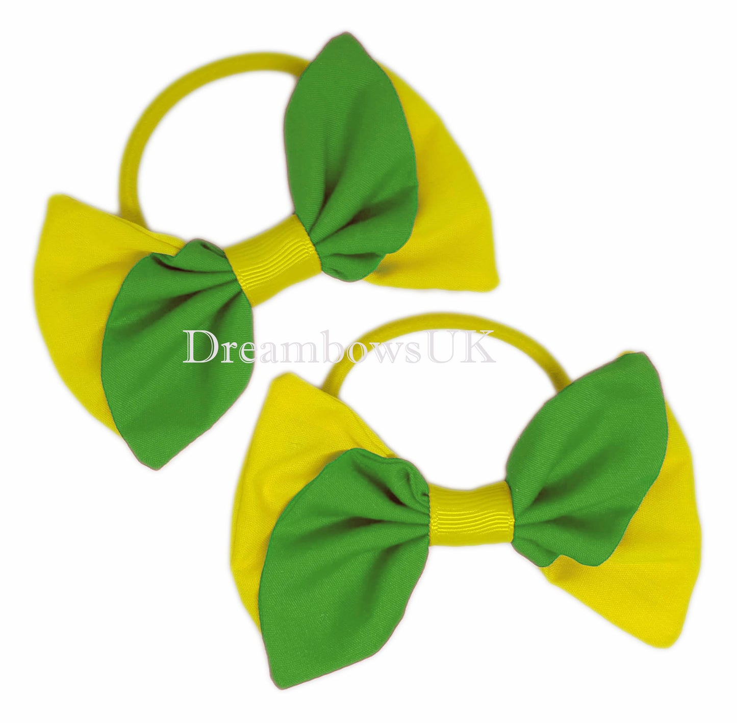 2x Emerald green and yellow fabric hair bows