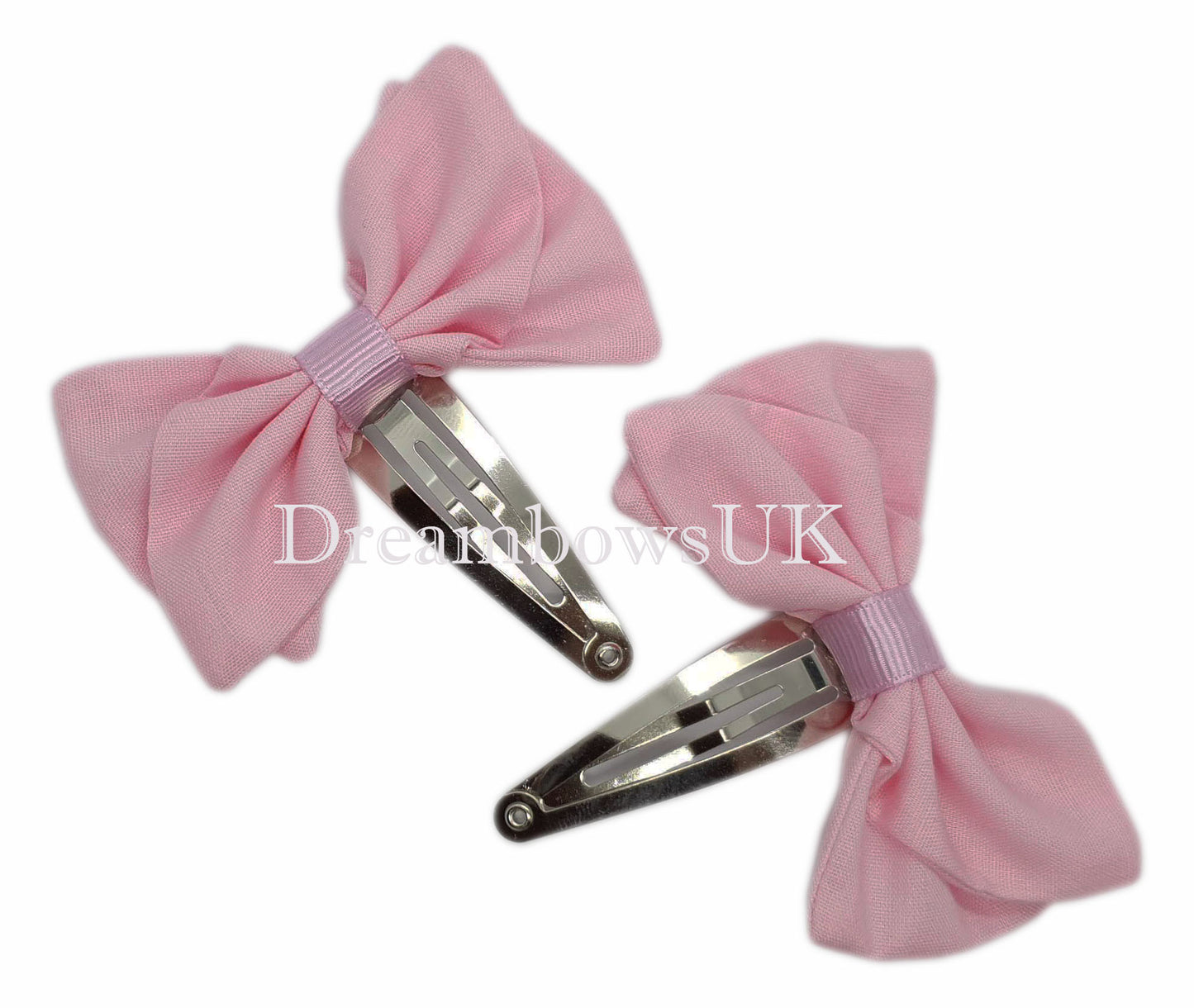 Girls baby pink fabric hair bows on snap clips
