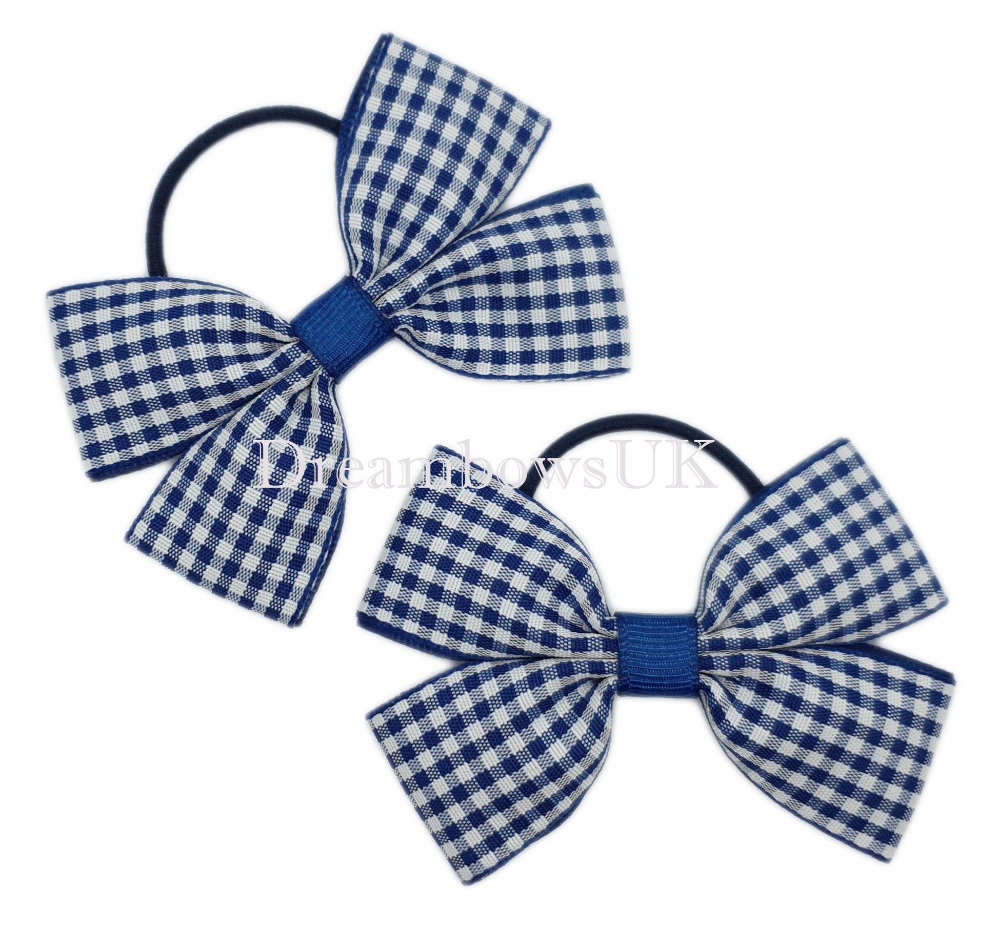 Navy blue school gingham hair bows on thin hair ties