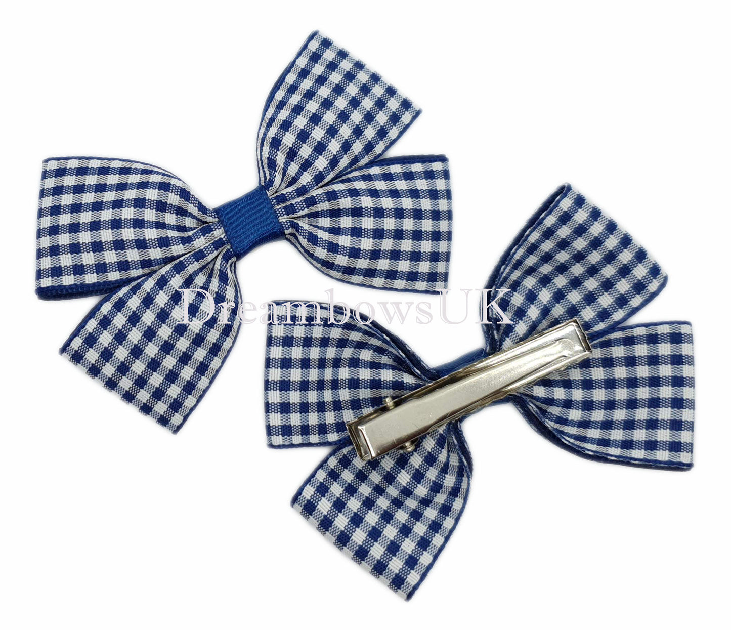Navy blue gingham ribbon bows on alligator clips