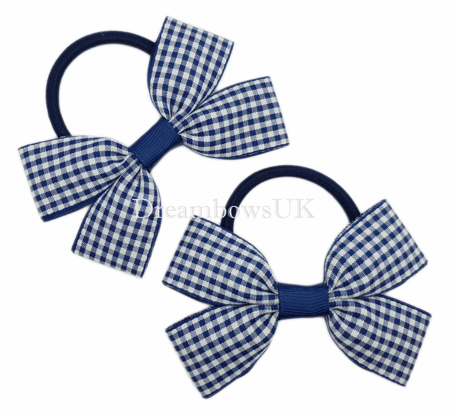 Navy blue gingham hair bows on thick hair ties