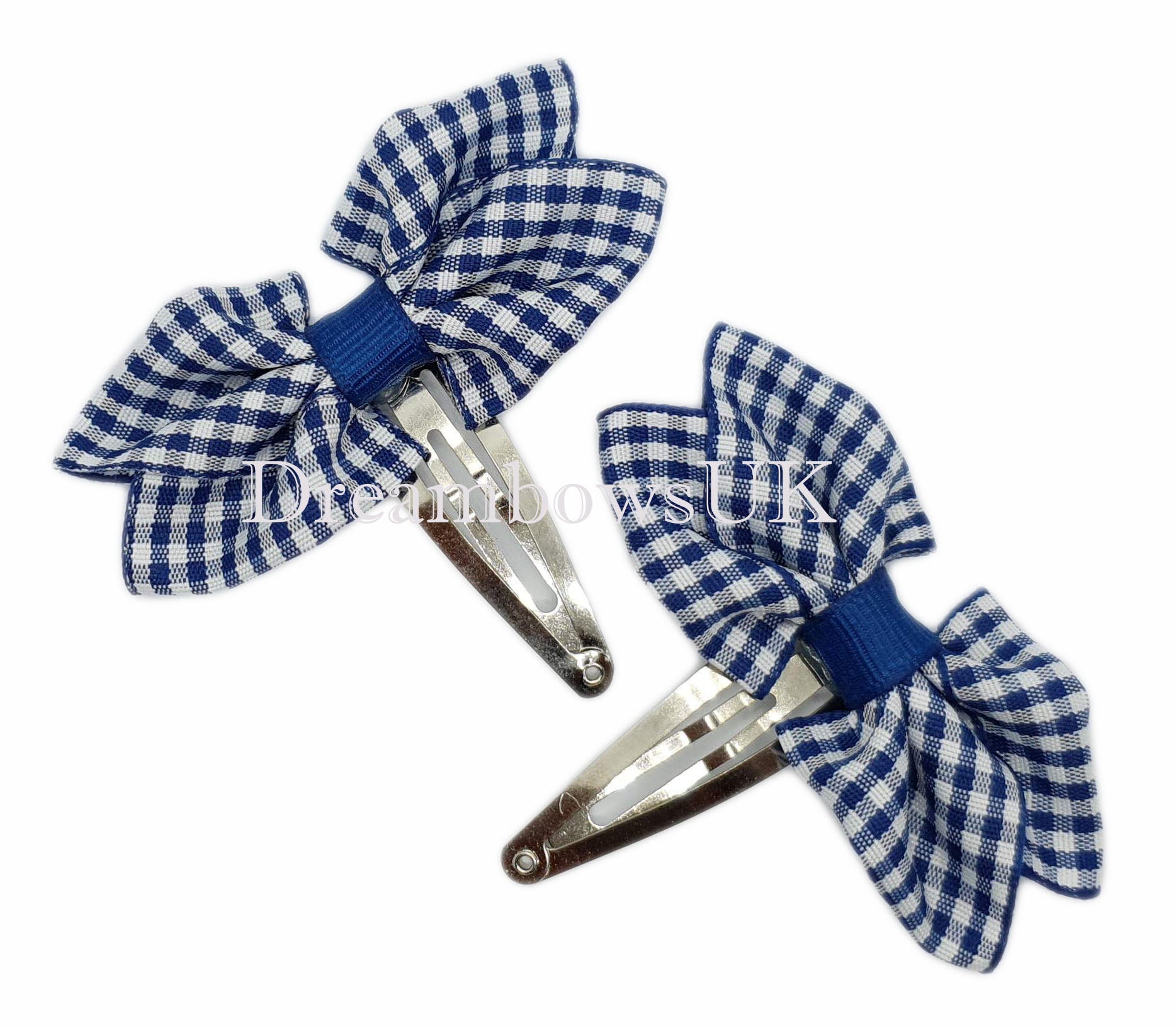 Navy blue gingham hair bows on snap clips