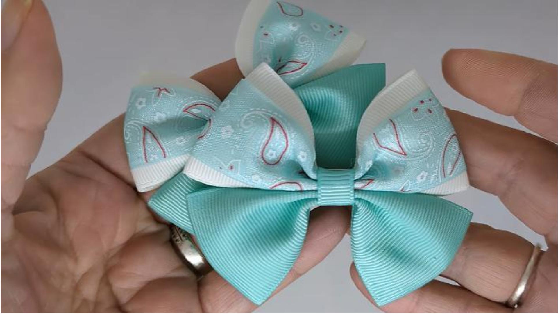 Close-up of pastel green and white paisley design hair bows on alligator clips, measuring 8cm x 6cm, showcasing the intricate paisley pattern and combination of grosgrain and organza ribbon.