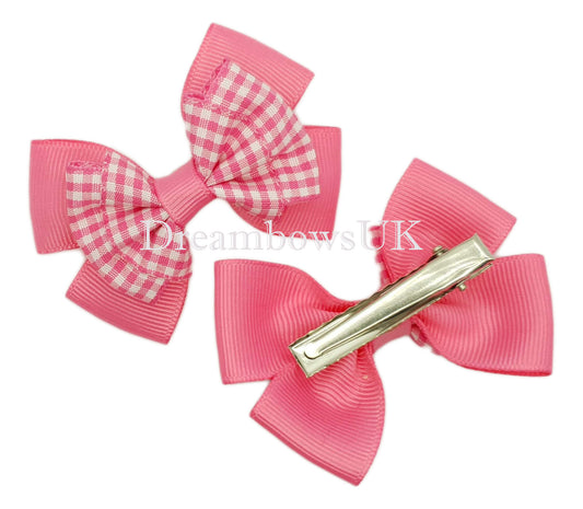 Hot pink gingham hair bows on alligator clips