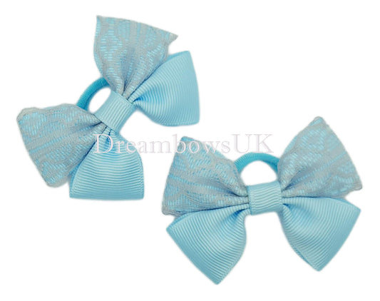 Elegant Baby Blue and Silver Lace Hair Bows – Unique Design on Polyester Bobbles