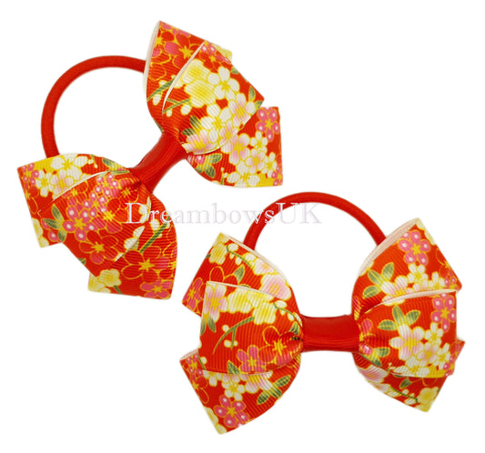 Red floral hair bows, thick hair bobbles