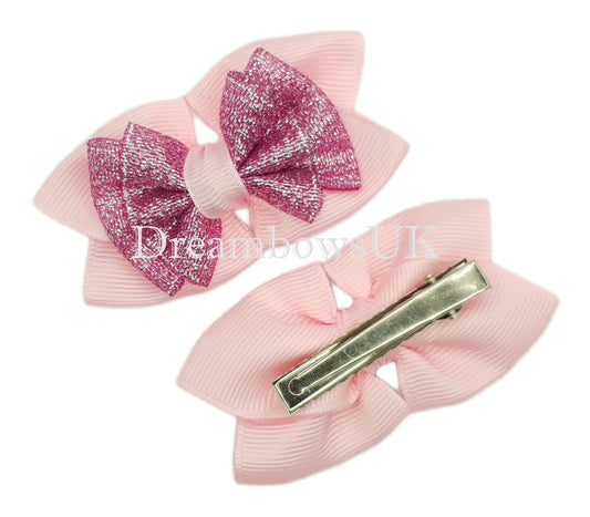 Baby Pink and Cerise Pink Glitter Hair Bows on Alligator Clips – Pair (7cm x 5cm)