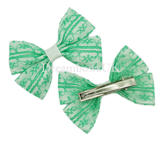 jade green school bows on alligator clips