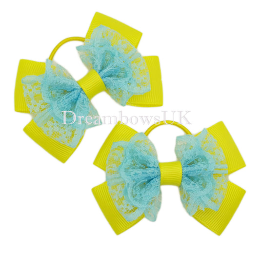 Yellow and Baby Blue Lace Hair Bows – Exclusive Pair on Thin Bobbles, Ready-Made for Quick UK Delivery!