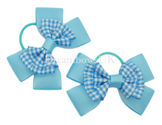 Baby blue gingham hair bows on thin bobbles