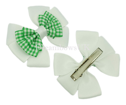 Emerald green gingham hair bows on alligator clips