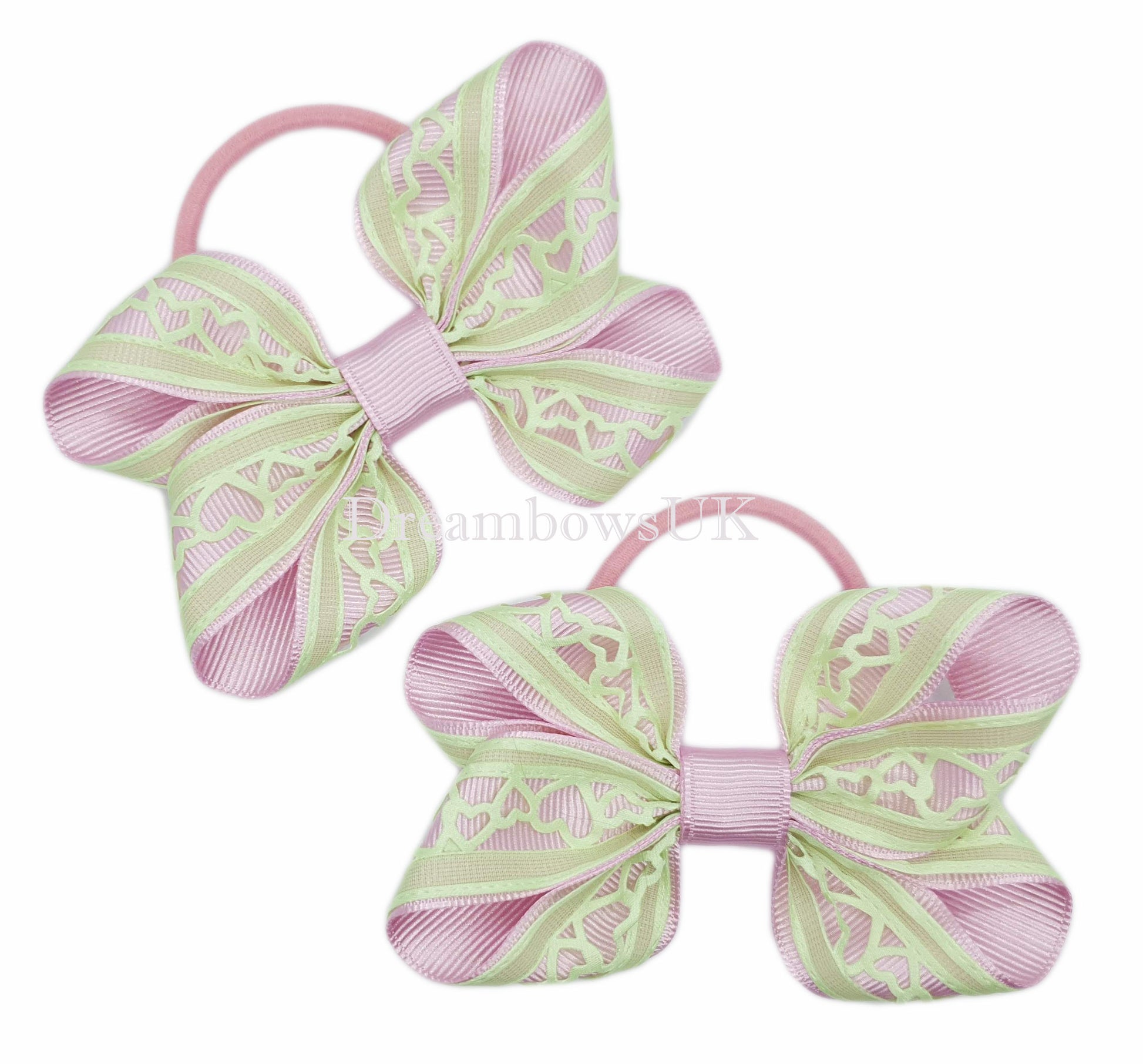 Pink and green hair bows, thick hair bobbles, handmade hair accessories, DreambowsUK