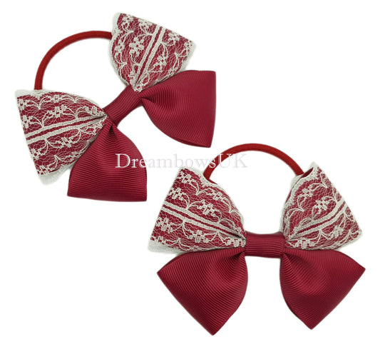 Burgundy and silver hair bows on thick bobbles