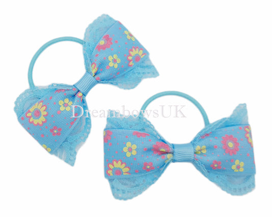 Baby blue hair bows, floral hair bows, thin hair elastics, toddler hair accessories