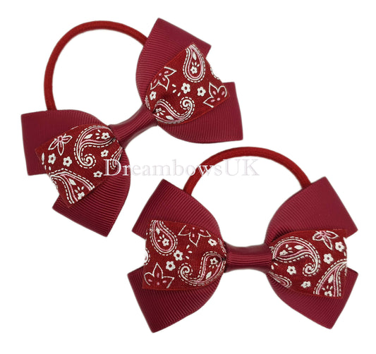Burgundy paisley hair bows on thick bobbles