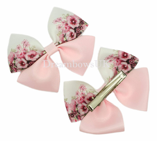 Baby Pink and White Floral Hair Bows on Alligator Clips – Pair (8cm x 6cm)