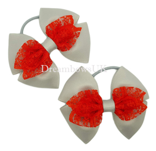 Lace hair bobbles, silver and red hair bows