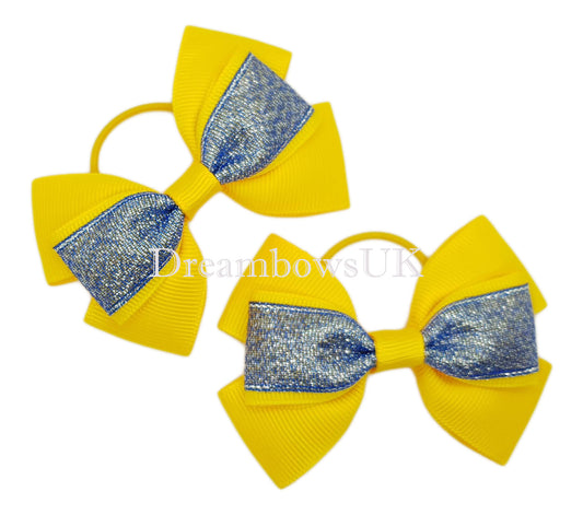 Golden yellow ribbon bows, glitter hair bows, thin hair ties