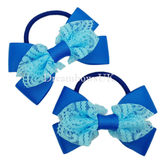 Blue lace hair bows, thick hair bobbles