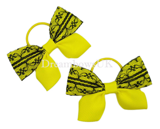 Yellow and Black Lace Hair Bows on Thin Bobbles | Unique One-of-a-Kind Design