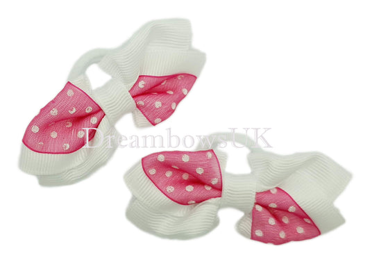 Charming Cerise Pink and White Polka Dot Hair Bows – Exclusive 6cm x 3cm Pair on Soft Polyester Bobbles, Ready-Made for Quick UK Postage!
