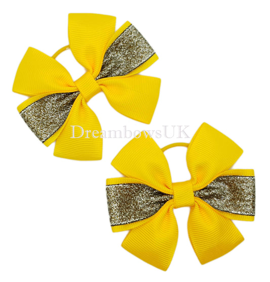 Golden yellow and black hair bows, glitter bows, thin hair bobbles