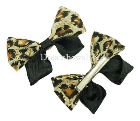 Black Leopard Print Hair Bows on Alligator Clips – Pair (8cm x 6cm)