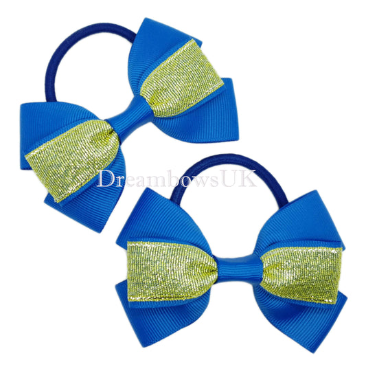 Royal blue and yellow glitter hair bows, thick hair elastics