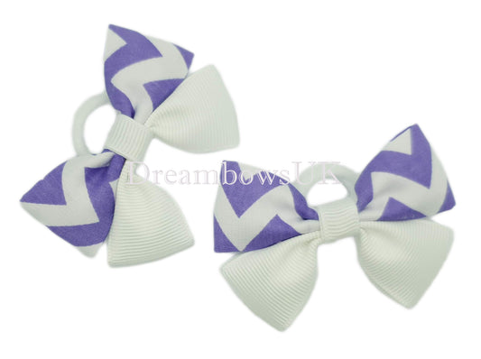 Purple and white chevron hair bows on polyester bobbles