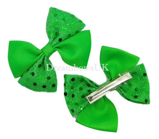 Emerald green diamante hair bows on alligator clips 