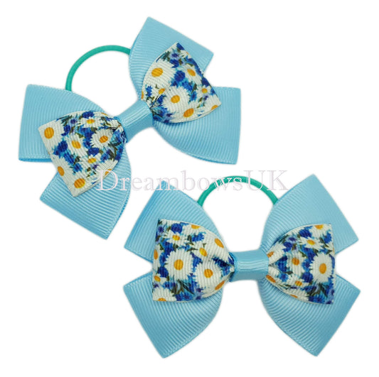 Baby blue floral hair bows, thin hair bobbles, children's hair accessories