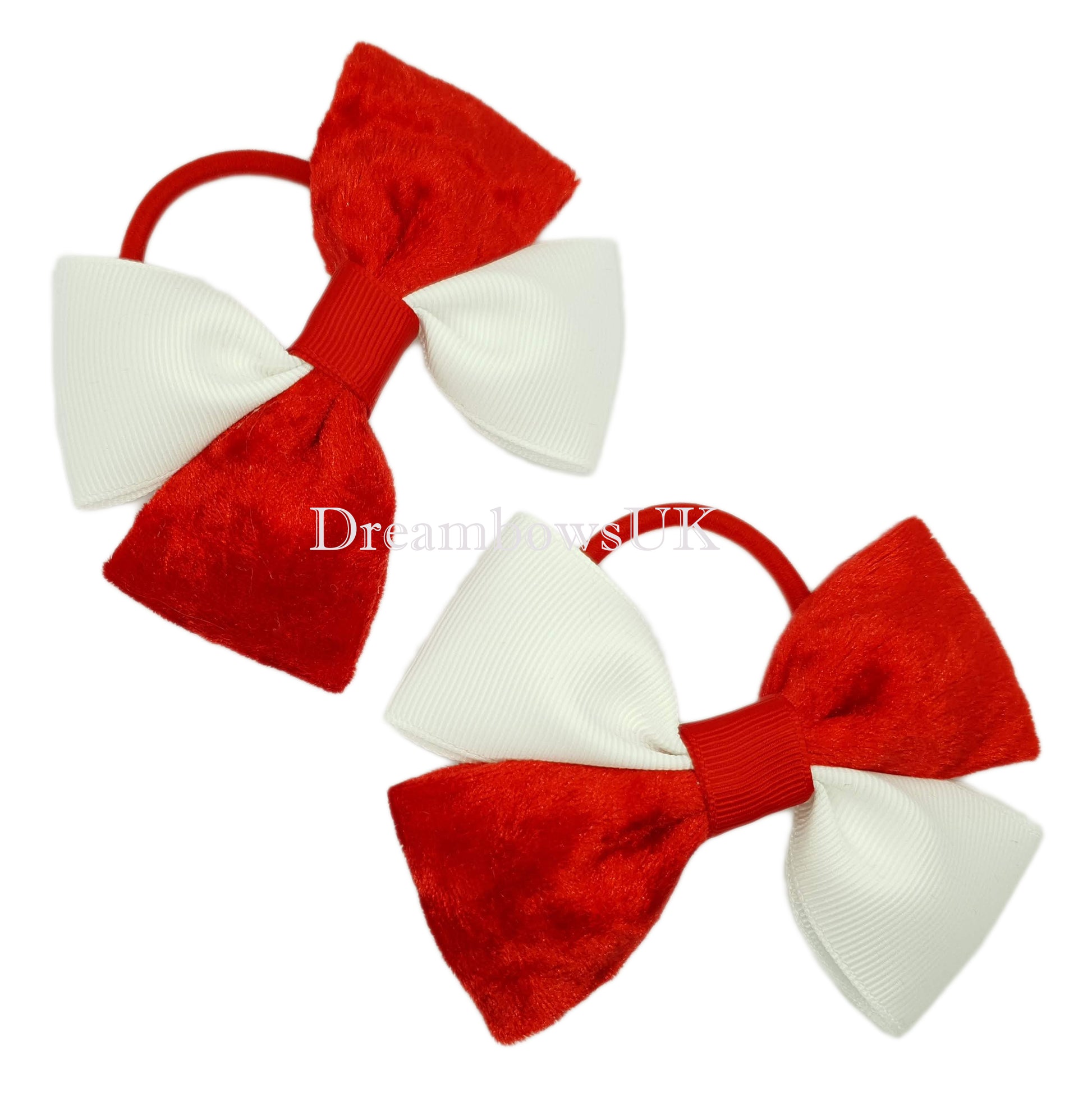 Red and White Velvet Hair Bows on Thick Bobbles – Pair (10cm x 7cm)